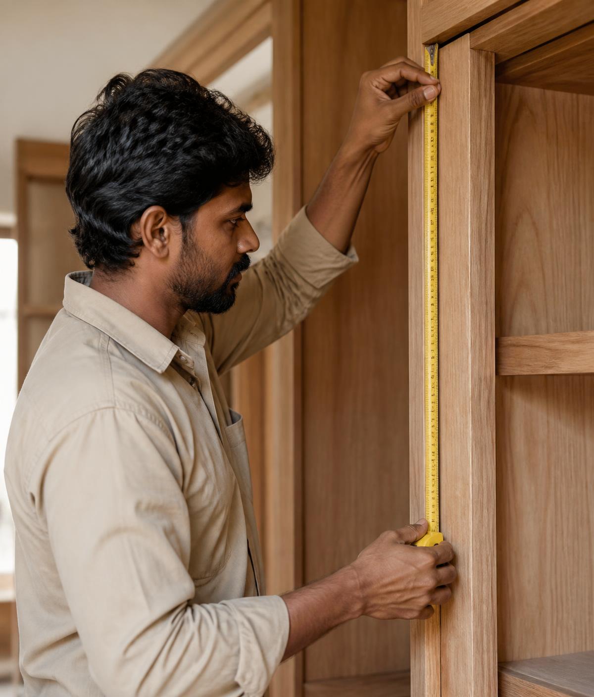 Craftsman measuring a custom wooden wardrobe during installation