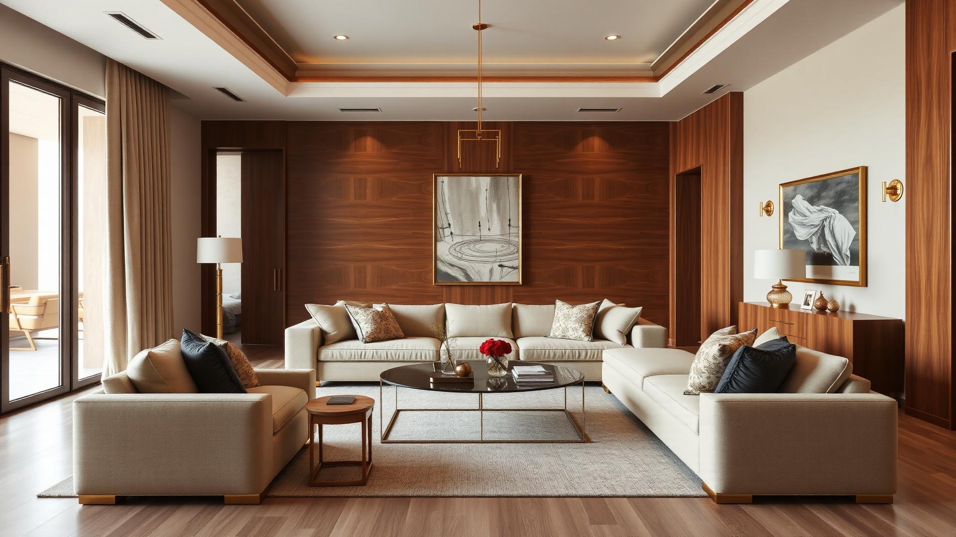 Premium living room with custom sofa and walnut wood panelling