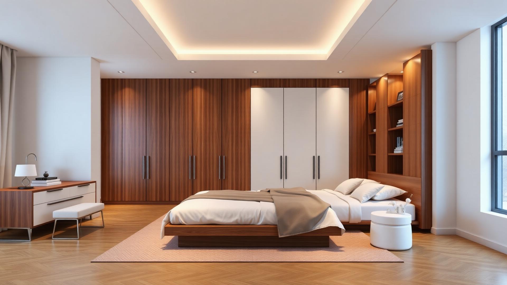 Modern bedroom with a full-wall custom wooden wardrobe