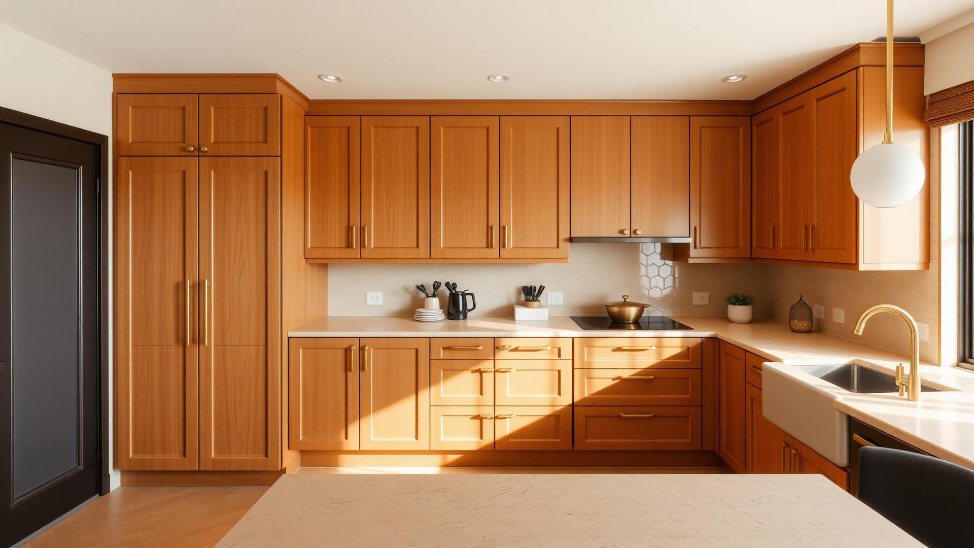Warm wooden modular kitchen cabinets and cupboards