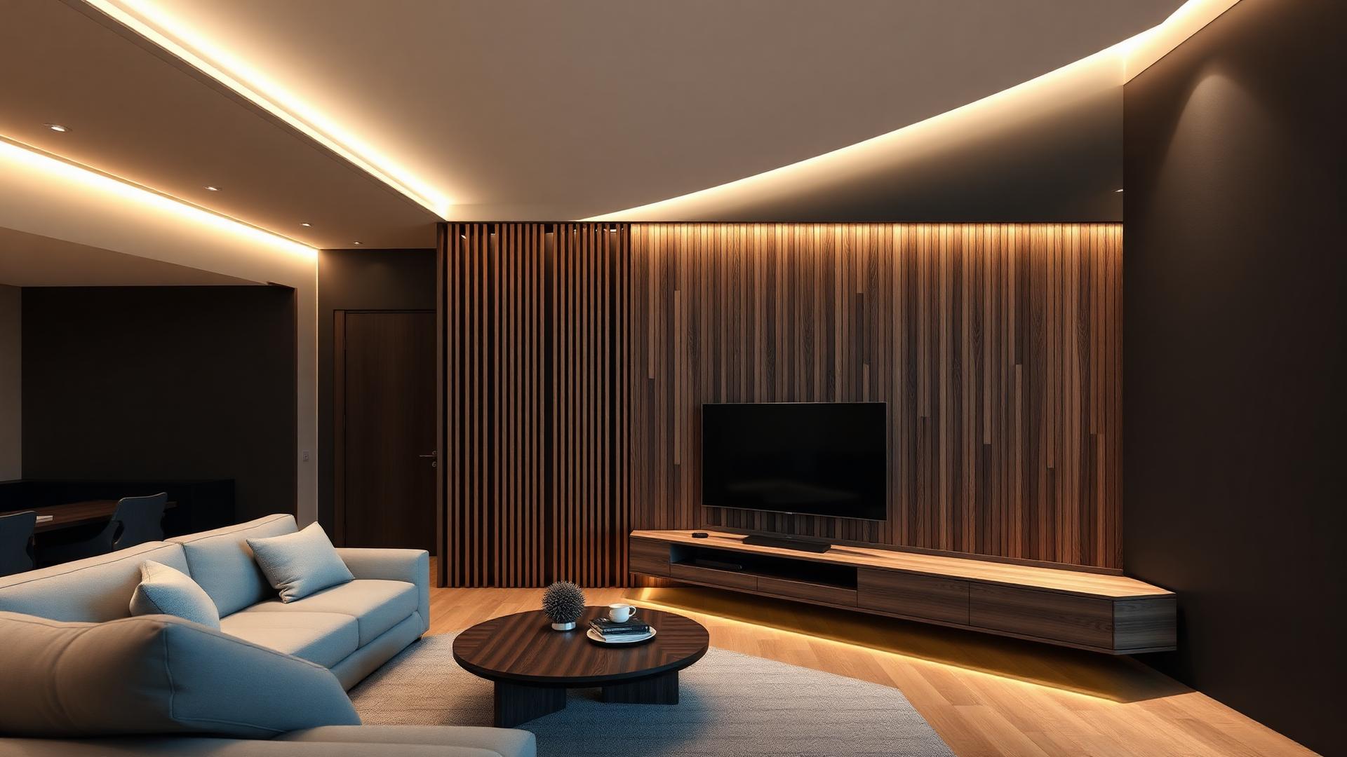 Luxury wooden TV unit with slat partition and cove lighting