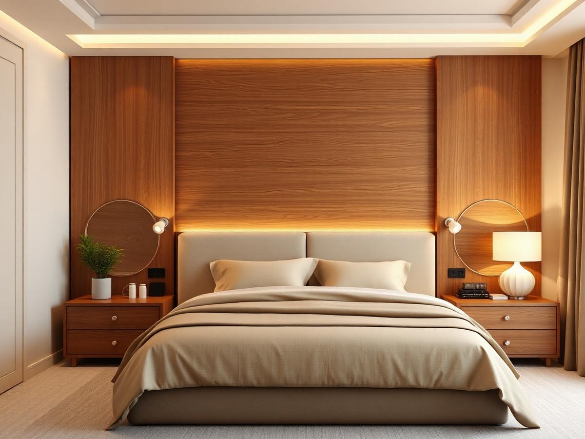 Bedroom with wooden headboard panel and bedside storage
