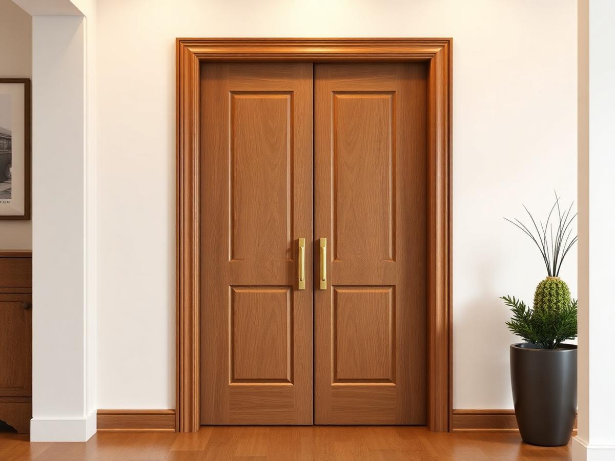 Solid teak wooden double door with brass handles