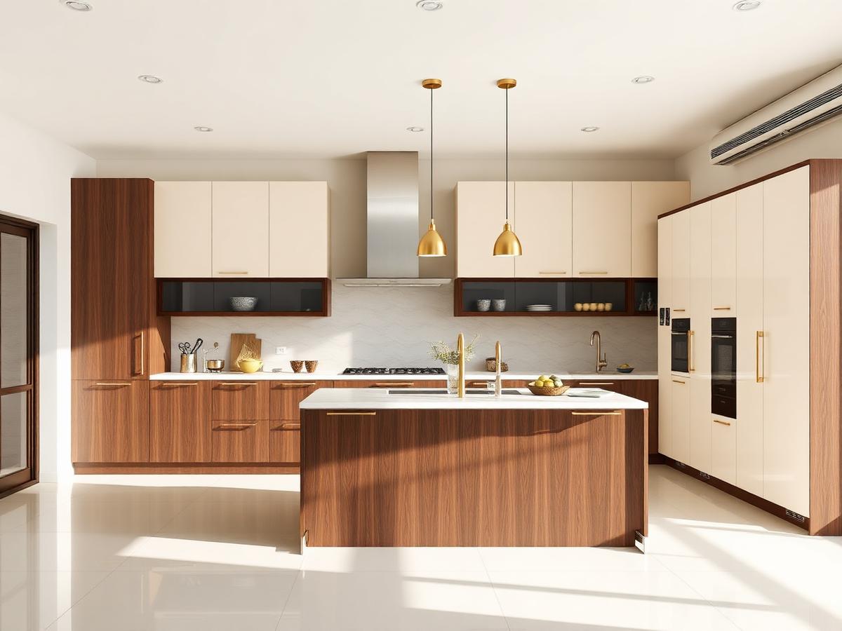 Modular kitchen with walnut and ivory cabinets