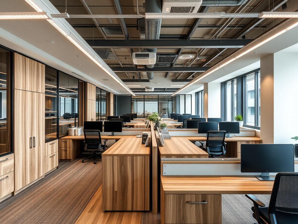 Office interior with custom wooden workstations and partitions