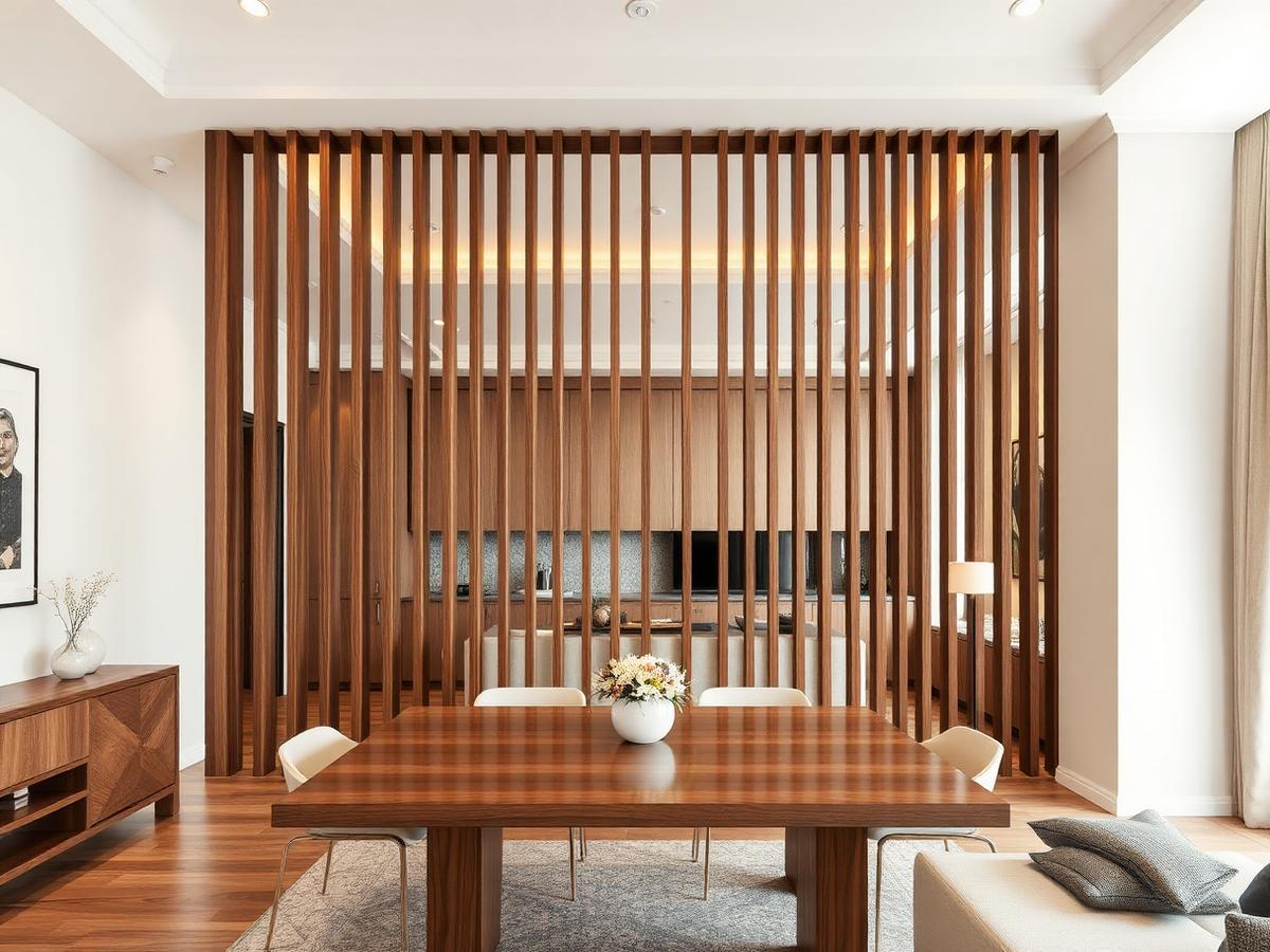 Wooden slat partition dividing dining and living areas