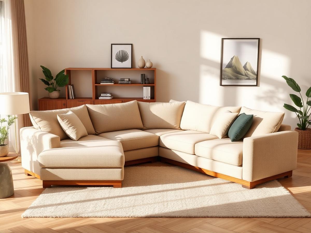Custom beige sectional sofa with wooden base in a living room