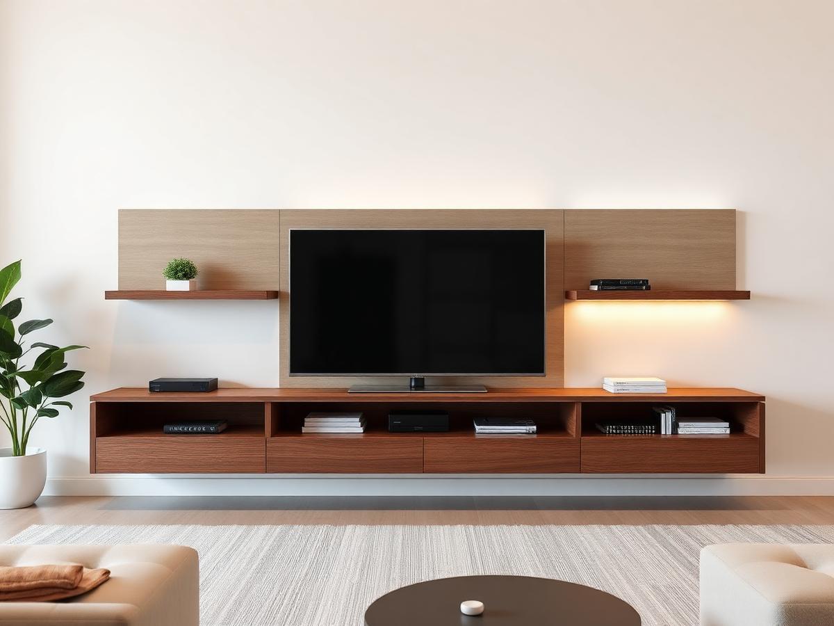 Floating walnut TV unit with backlit shelving