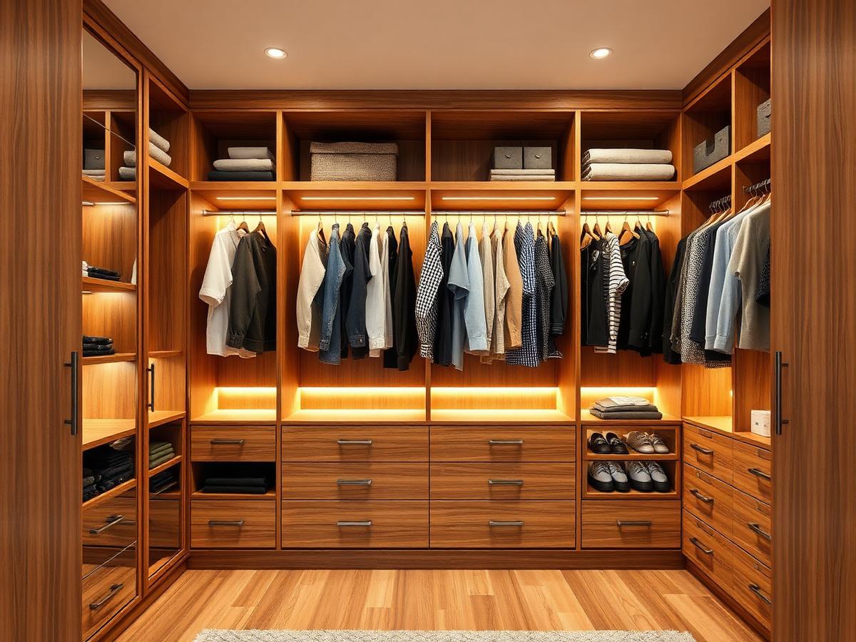 Open custom wooden wardrobe with shelves, drawers and lighting